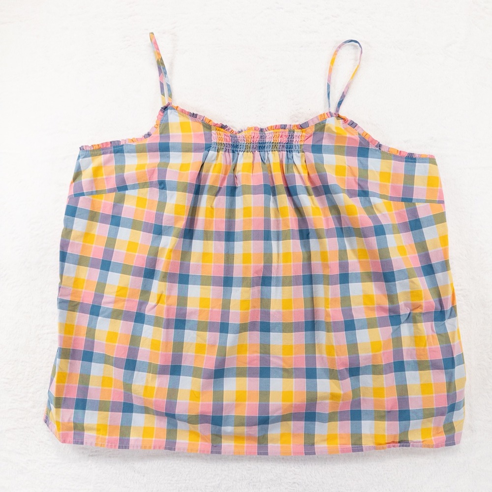 Lands End Womens Camisole Top 2X Multicolor Plaid Cotton Smocked Ruffle Cami